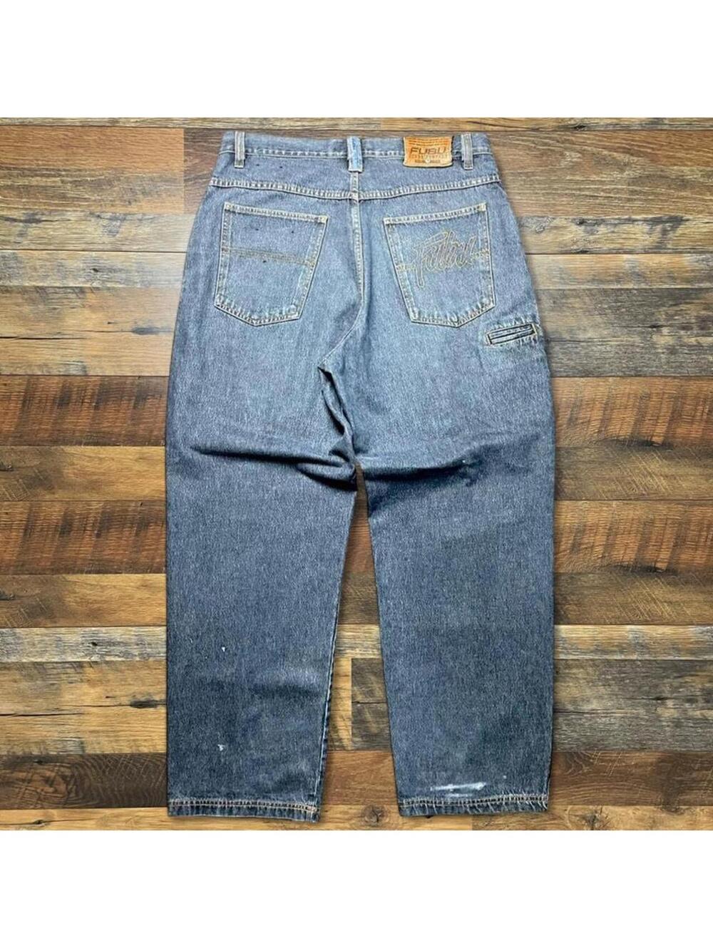 Vintage Fubu Jeans Mens 36 Blue Denim Embroidered Baggy Pants.